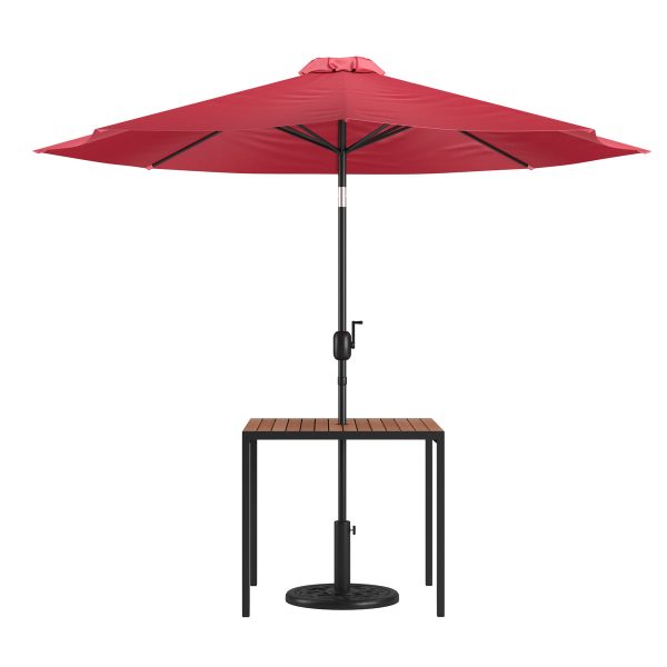 Black Steel Framed 35" Square Faux Teak Patio Table-Tan 9FT Patio Umbrella-Base
