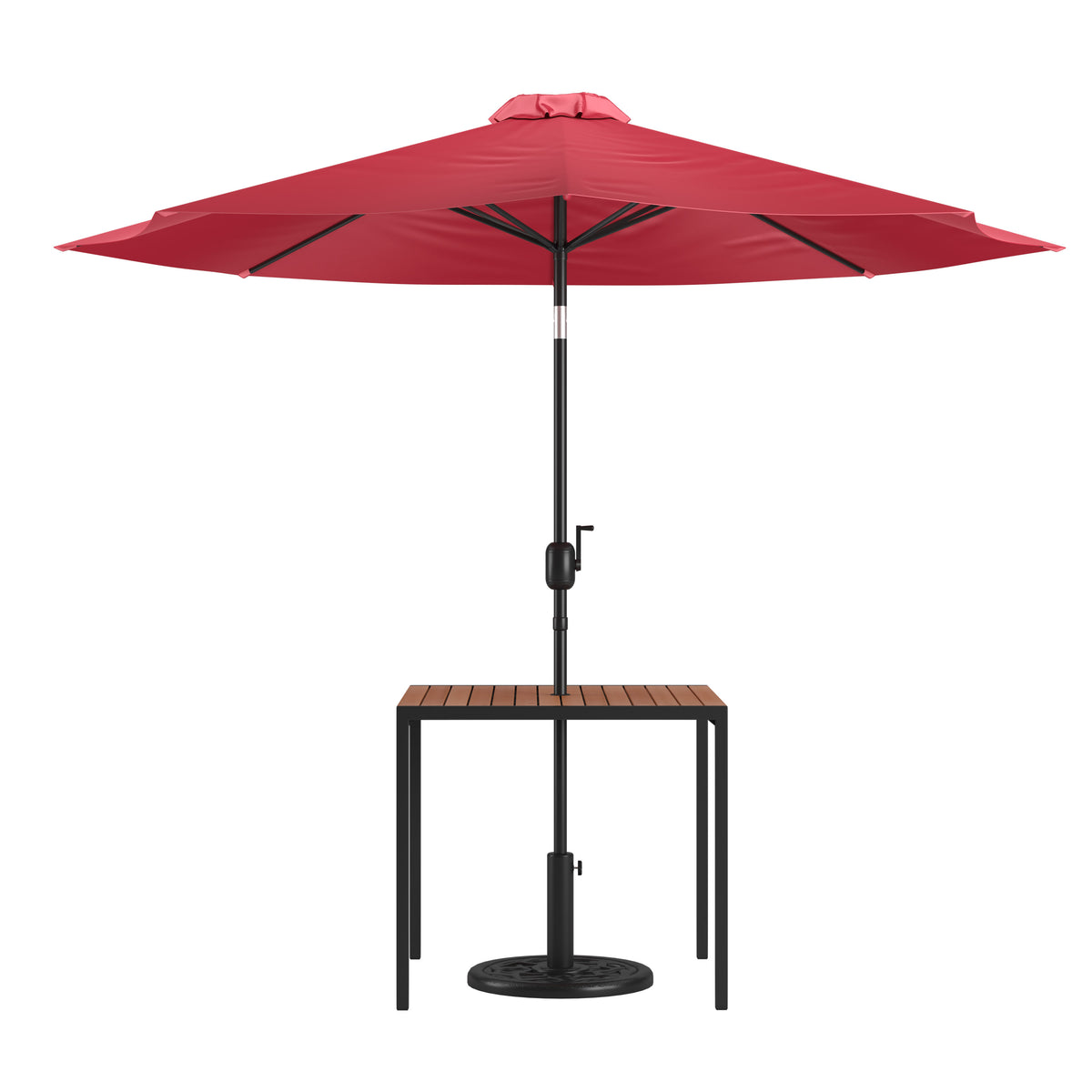 Black Steel Framed 35" Square Faux Teak Patio Table-Tan 9FT Patio Umbrella-Base