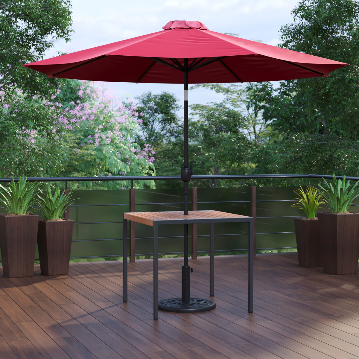 Black Steel Framed 35" Square Faux Teak Patio Table-Tan 9FT Patio Umbrella-Base - Image 2