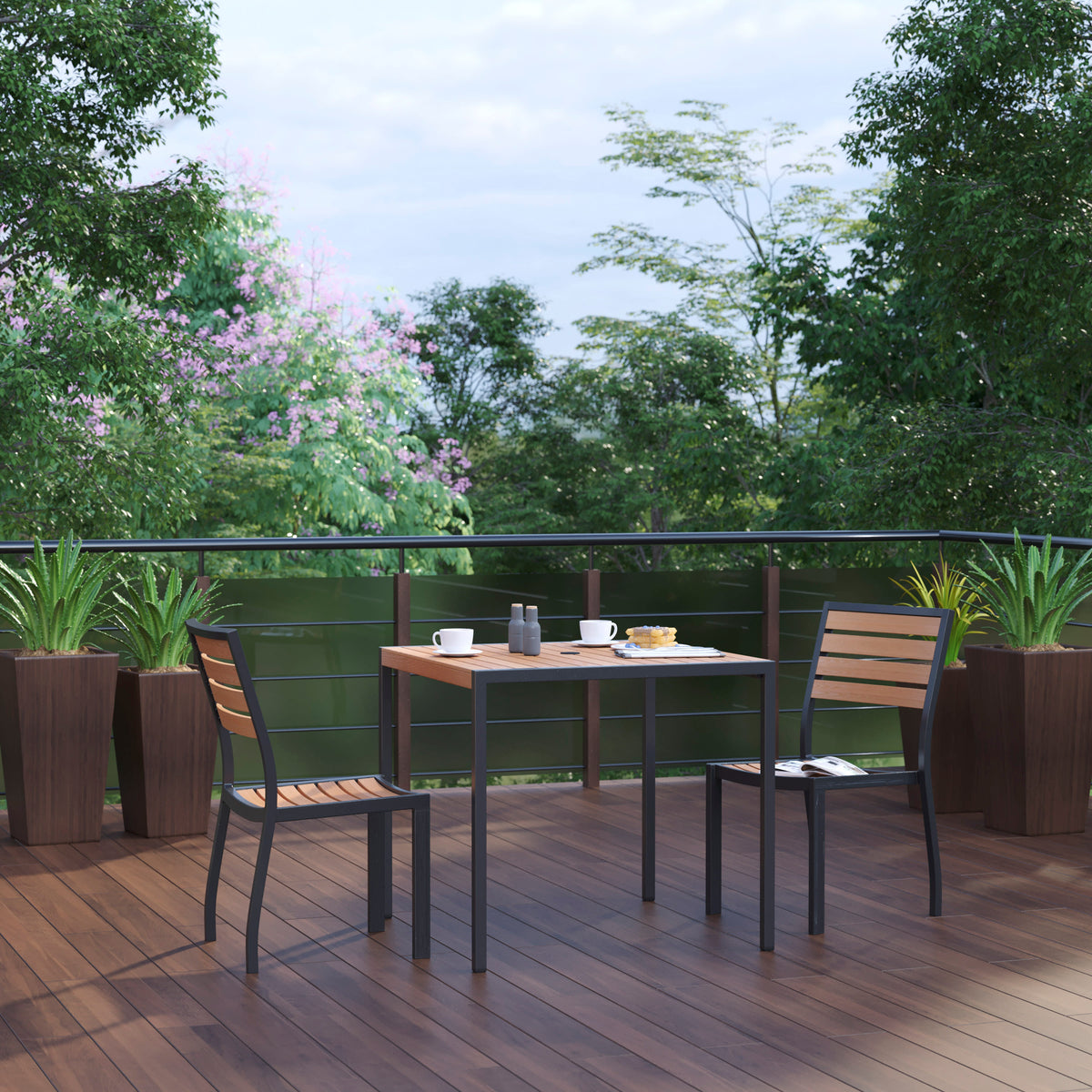 Indoor/Outdoor Faux Teak Table with 2 Club Chairs with Arms - Image 2