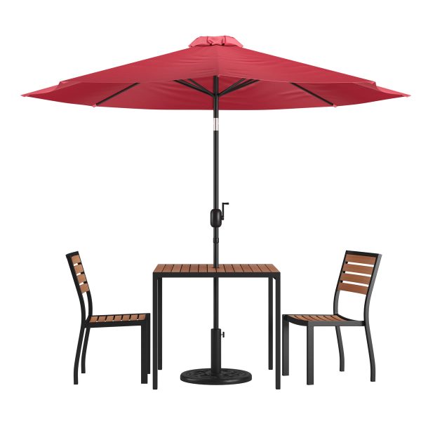 Faux Teak Patio Table, 2 Chairs & 9FT Patio Umbrella with Base