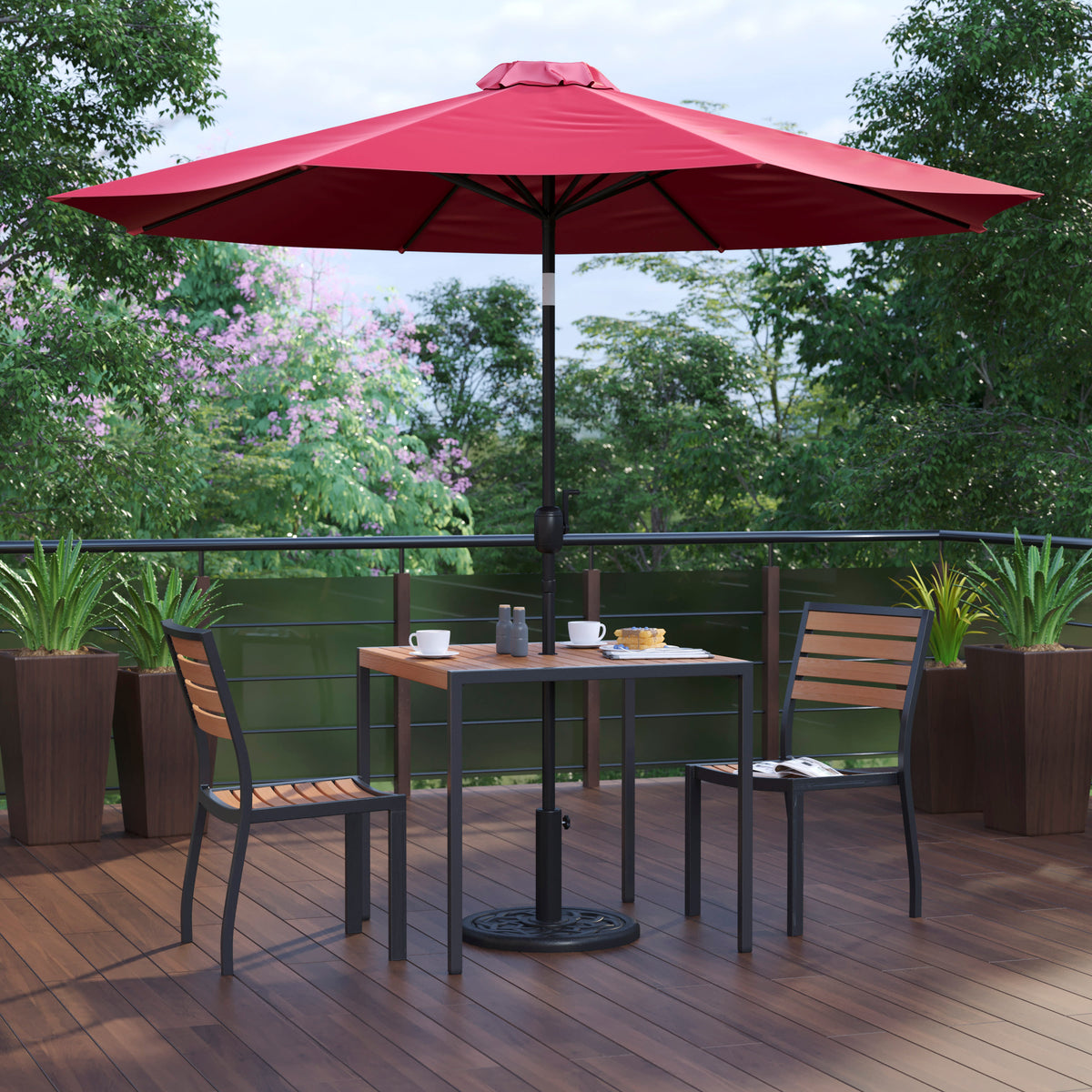 Faux Teak Patio Table, 2 Chairs & 9FT Patio Umbrella with Base - Image 2