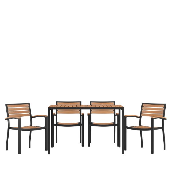 Black Steel Framed 30" x 48"Faux Teak Table with Umbrella Hole & 4 Club Chairs