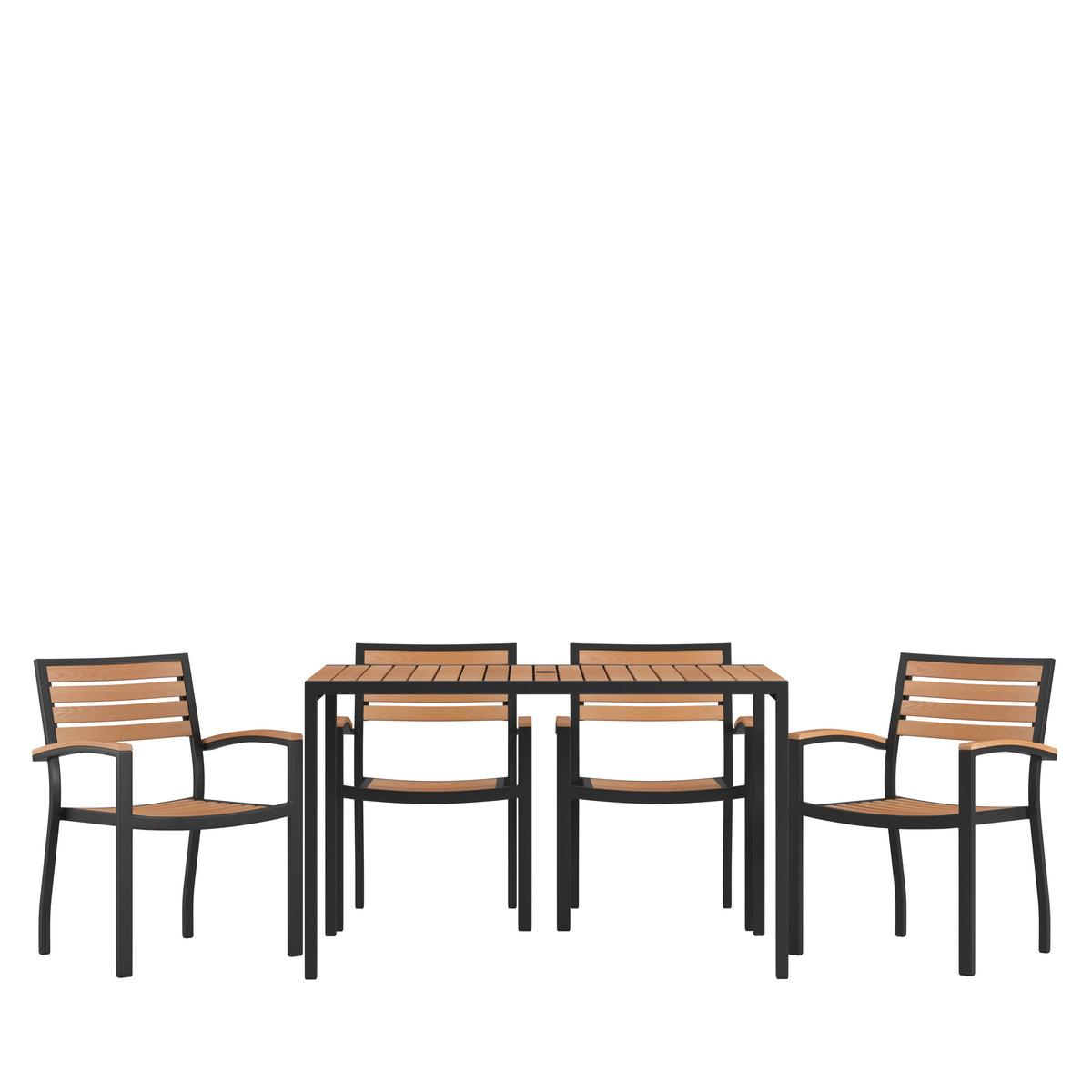 Black Steel Framed 30" x 48"Faux Teak Table with Umbrella Hole & 4 Club Chairs
