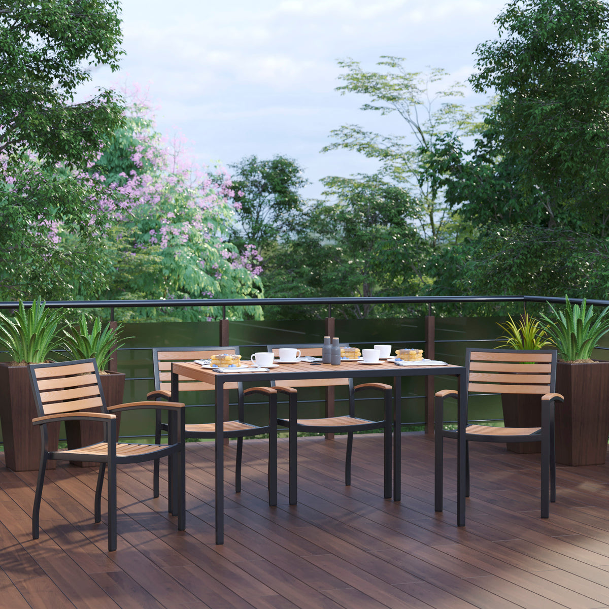 Black Steel Framed 30" x 48"Faux Teak Table with Umbrella Hole & 4 Club Chairs - Image 2