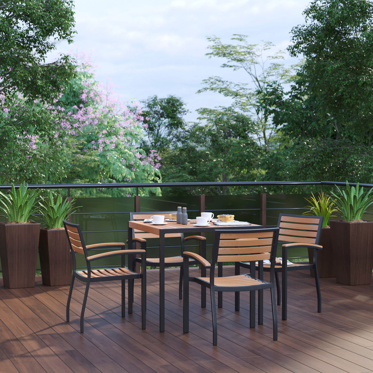 Black Steel Framed 36" Square Faux Teak Table with Umbrella Hole & 4 Club Chairs - Image 2