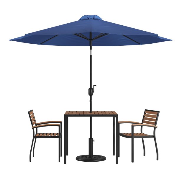 35" Square Faux Teak Patio Table, 2 Chairs and 9FT Patio Umbrella with Base