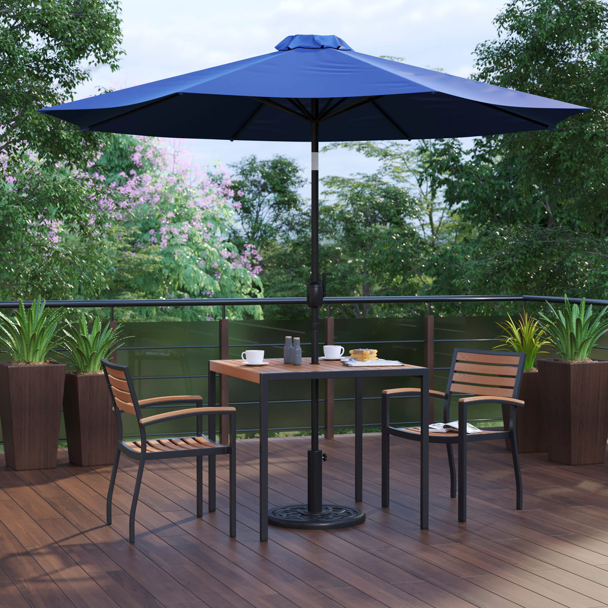 35" Square Faux Teak Patio Table, 2 Chairs and 9FT Patio Umbrella with Base - Image 2