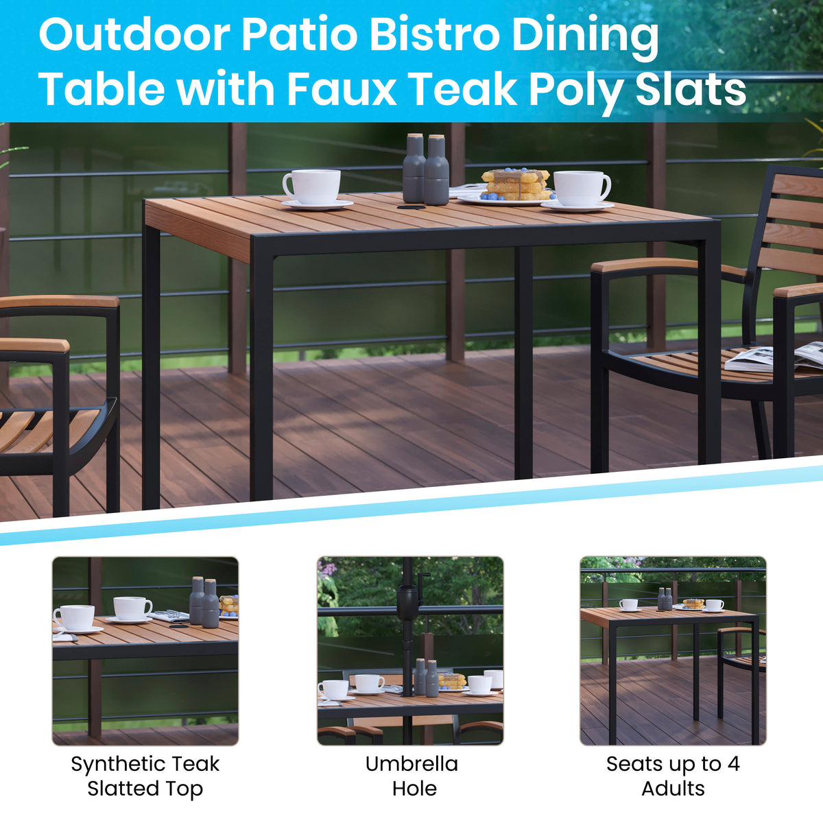 35" Square Faux Teak Patio Table, 2 Chairs and 9FT Patio Umbrella with Base - Image 3