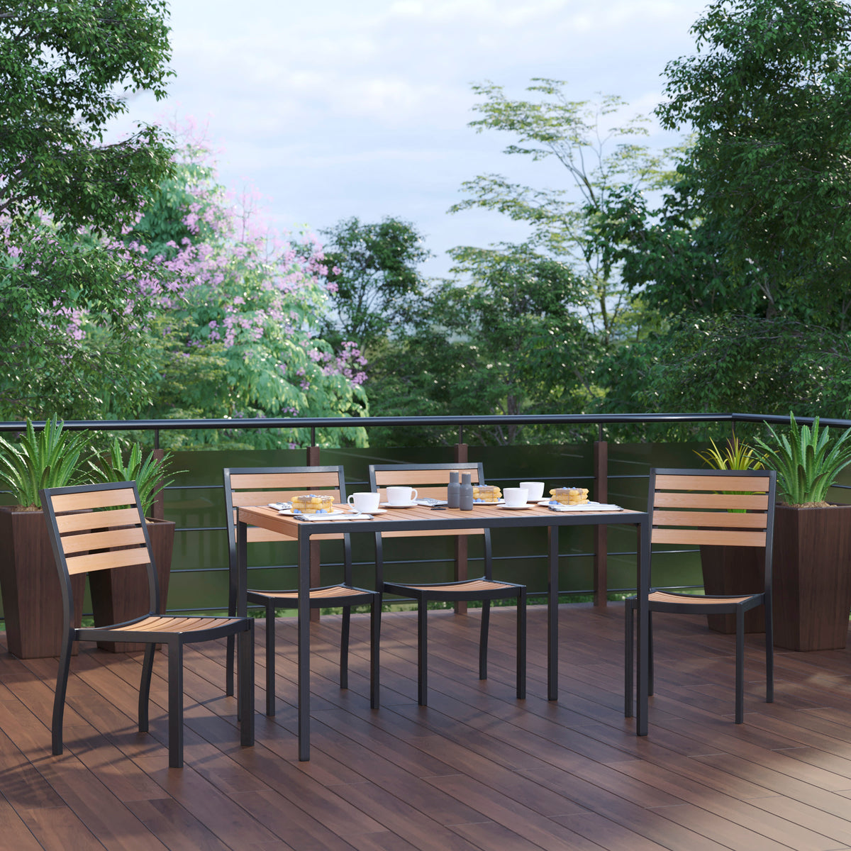 Indoor/Outdoor Steel Framed Faux Teak Patio Table with 4 Chairs - Image 2
