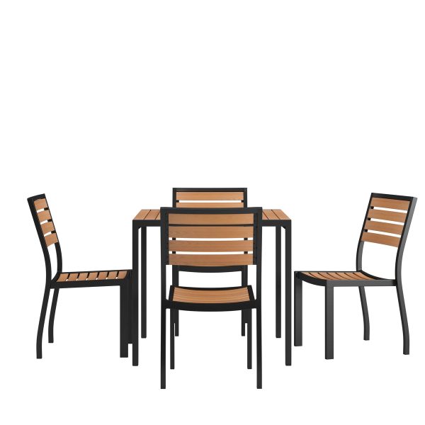 Indoor/Outdoor Faux Teak Table with 4 Club Chairs with Arms