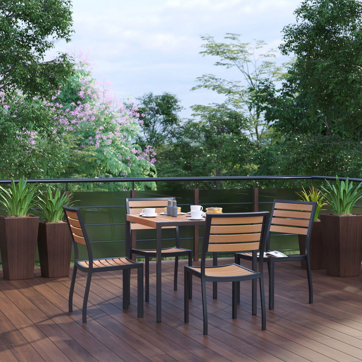 Indoor/Outdoor Faux Teak Table with 4 Club Chairs with Arms - Image 2