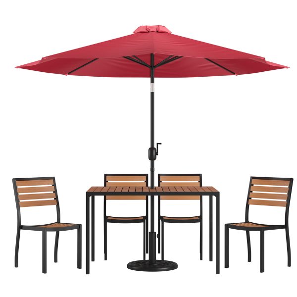 Faux Teak Patio Table, 4 Chairs & 9FT Patio Umbrella with Base