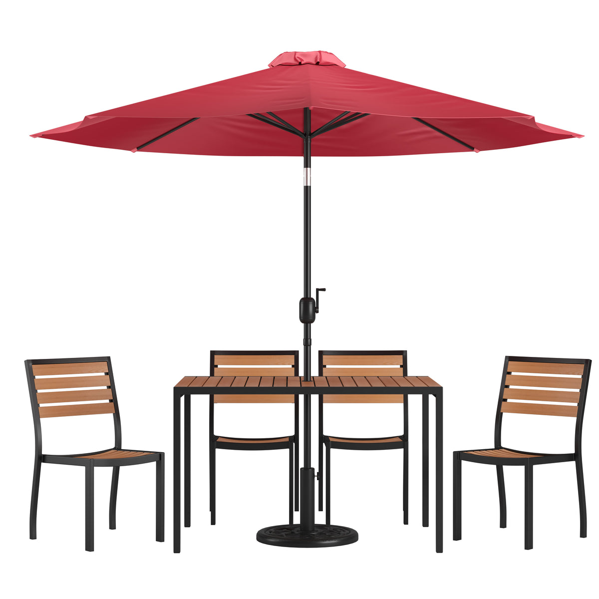Faux Teak Patio Table, 4 Chairs & 9FT Patio Umbrella with Base
