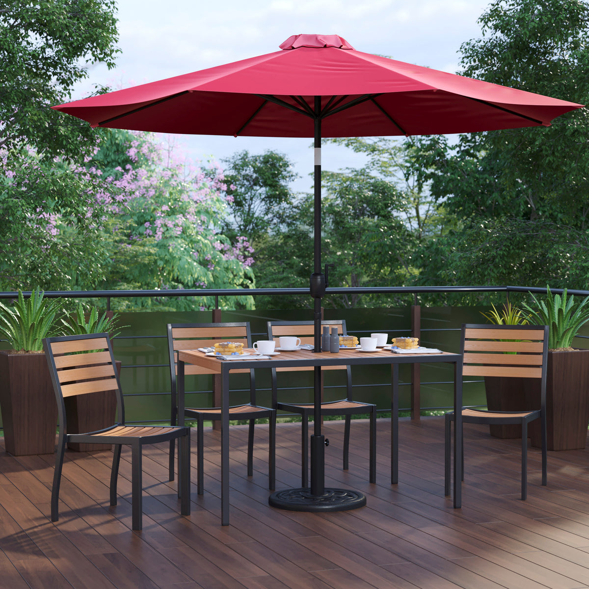 Faux Teak Patio Table, 4 Chairs & 9FT Patio Umbrella with Base - Image 2