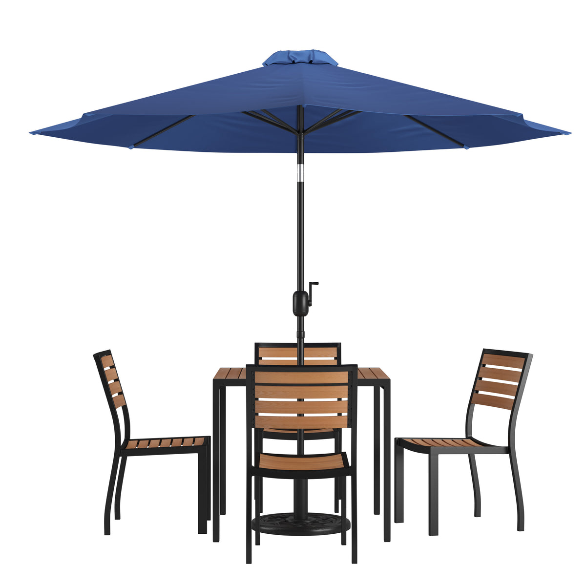 Faux Teak Patio Table, 4 Chairs & 9FT Patio Umbrella with Base