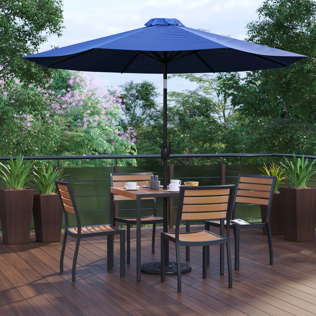 Faux Teak Patio Table, 4 Chairs & 9FT Patio Umbrella with Base - Image 2