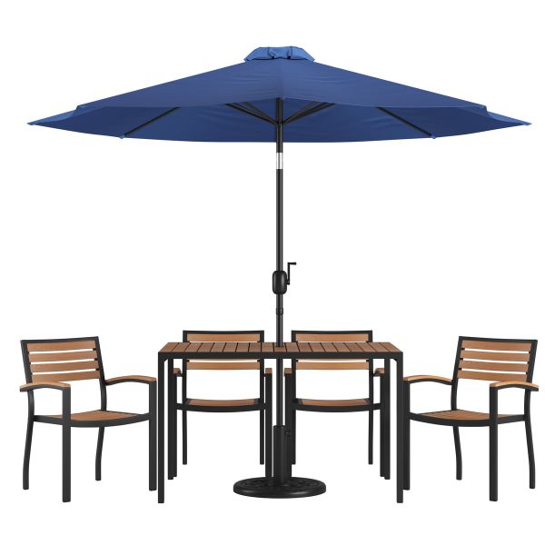 30" x 48" Faux Teak Patio Table, 4 Chairs and 9FT Patio Umbrella with Base