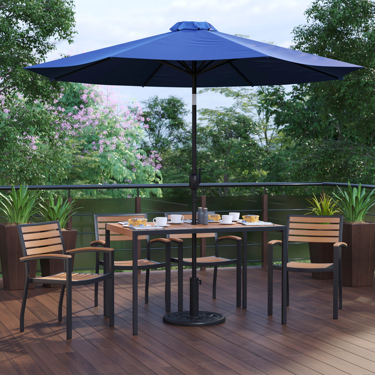 30" x 48" Faux Teak Patio Table, 4 Chairs and 9FT Patio Umbrella with Base - Image 2
