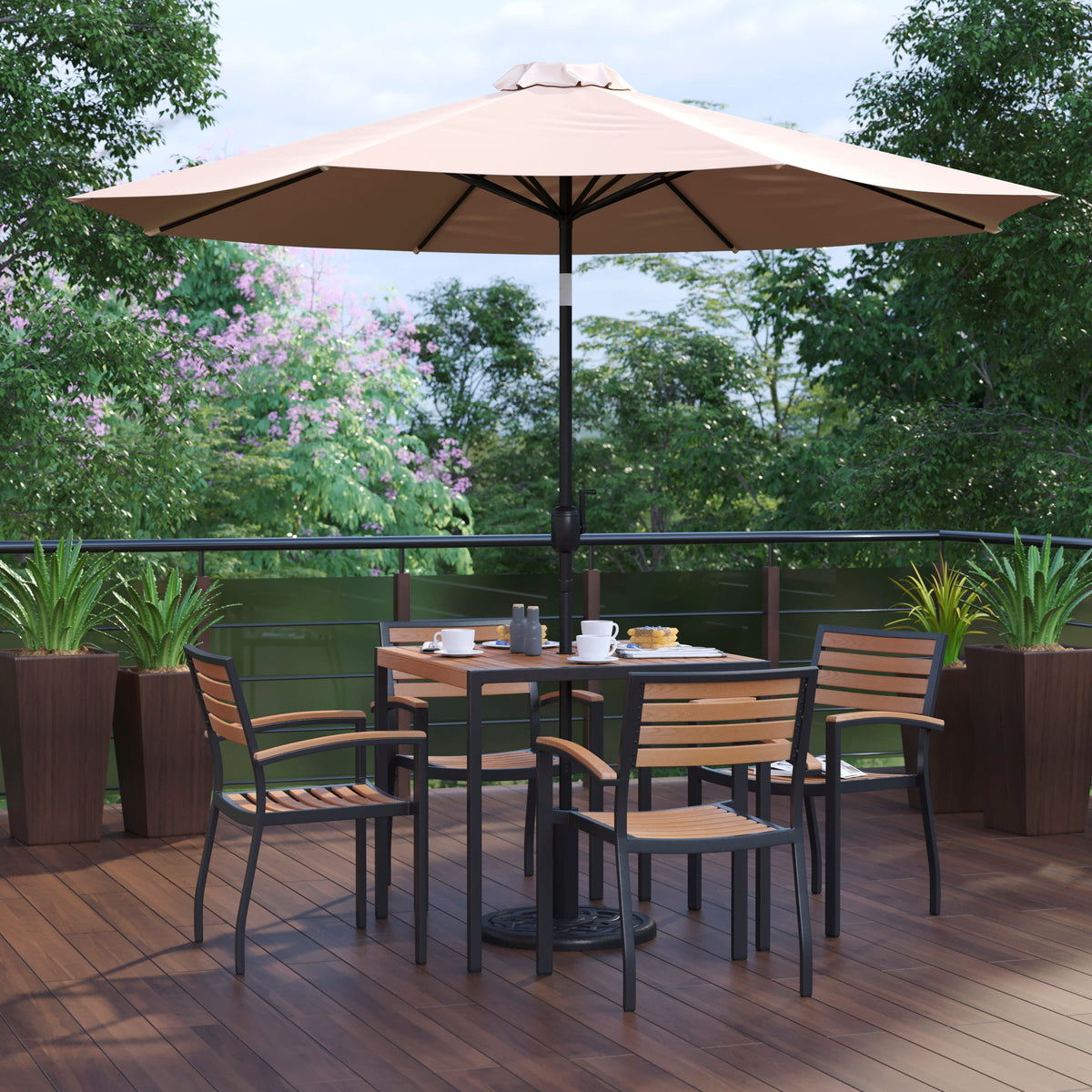 35" Square Faux Teak Patio Table, 4 Chairs and 9FT Patio Umbrella with Base - Image 2