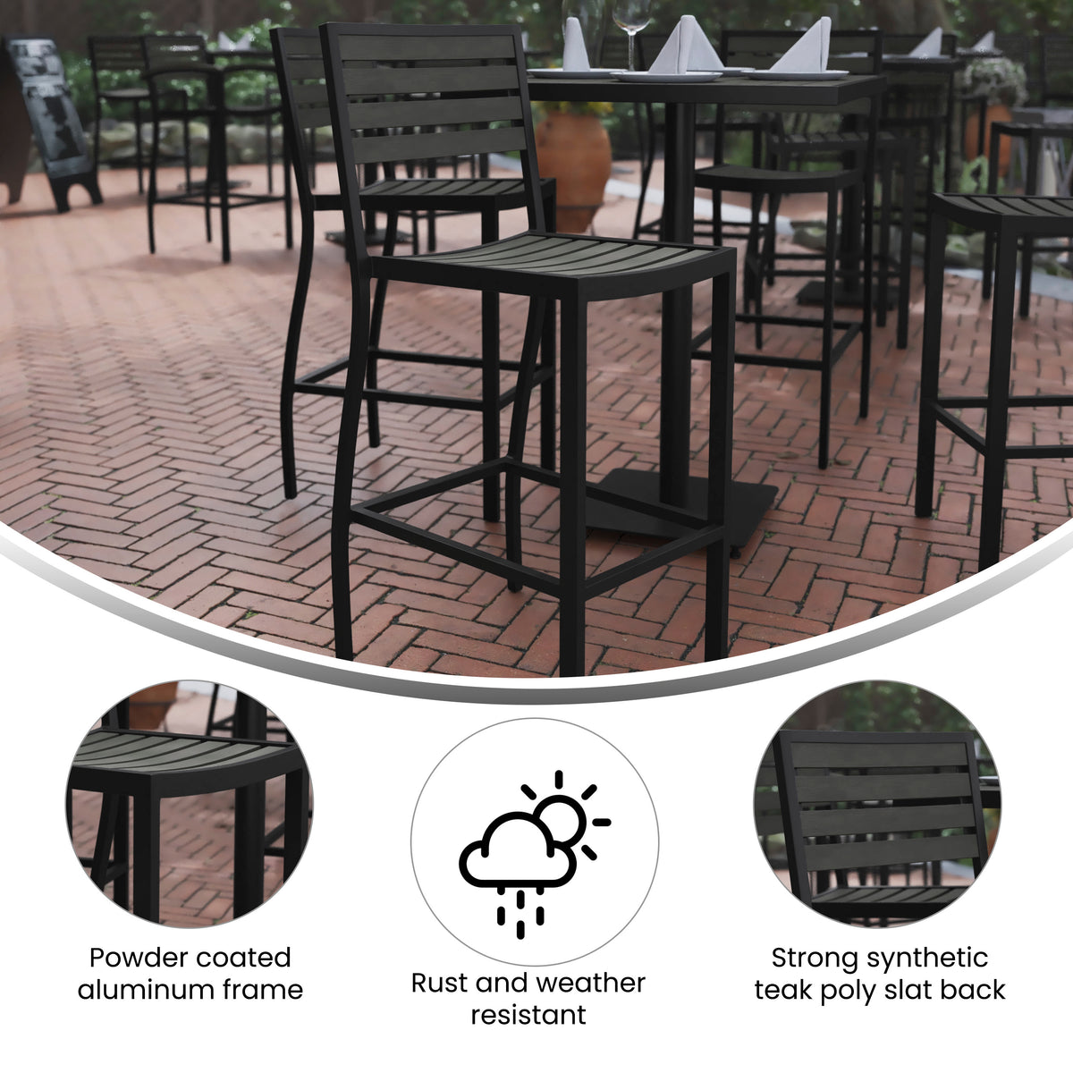 Commercial Grade Outdoor All-Weather Bar Stool with Poly Resin Slats - Image 3