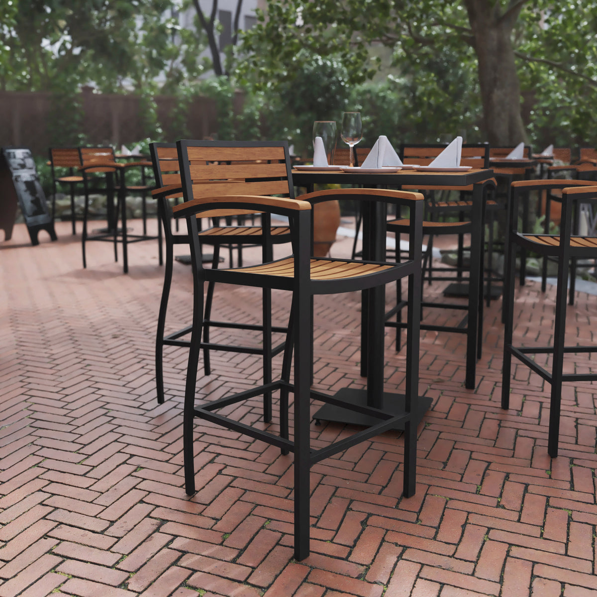 Commercial Grade Outdoor Bar Stool with Armrests and Poly Resin Slats - Image 2