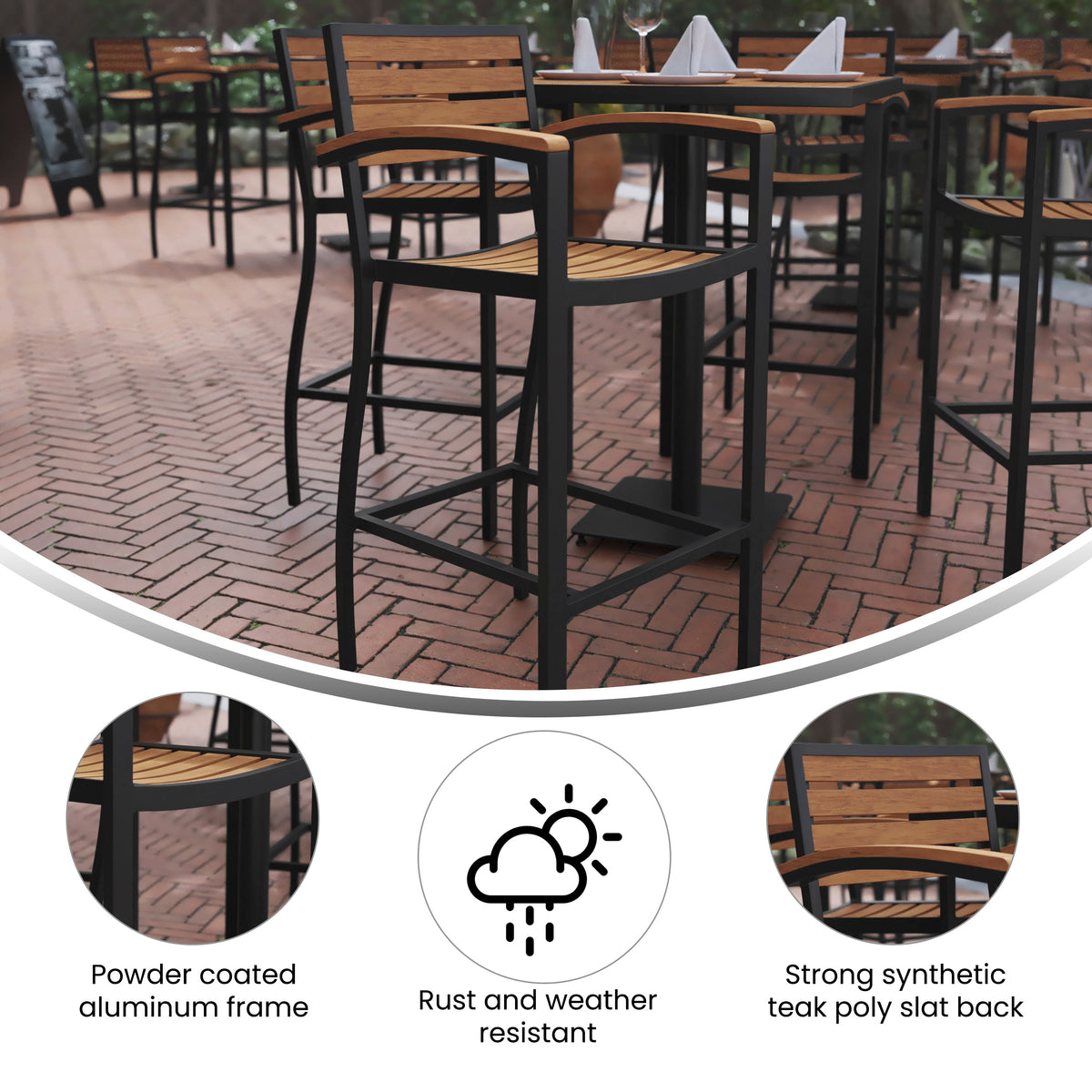 Commercial Grade Outdoor Bar Stool with Armrests and Poly Resin Slats - Image 3