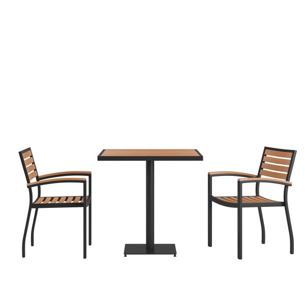 2 Faux Teak Accented Club Chairs and 30" Square Faux Teak Patio Table Set