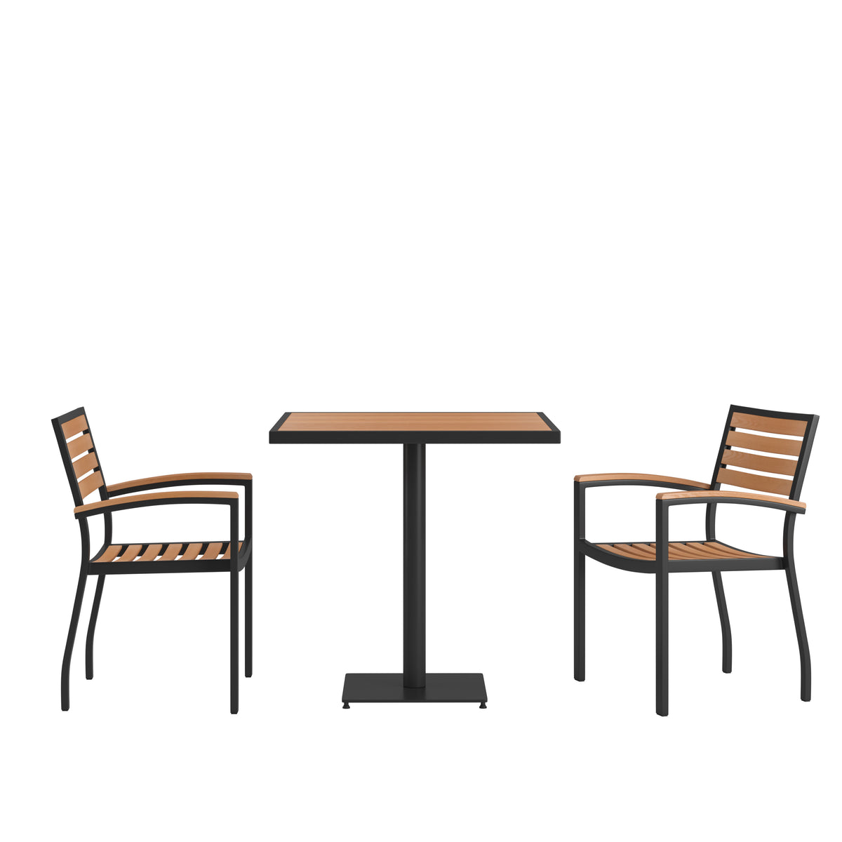 2 Faux Teak Accented Club Chairs and 30" Square Faux Teak Patio Table Set