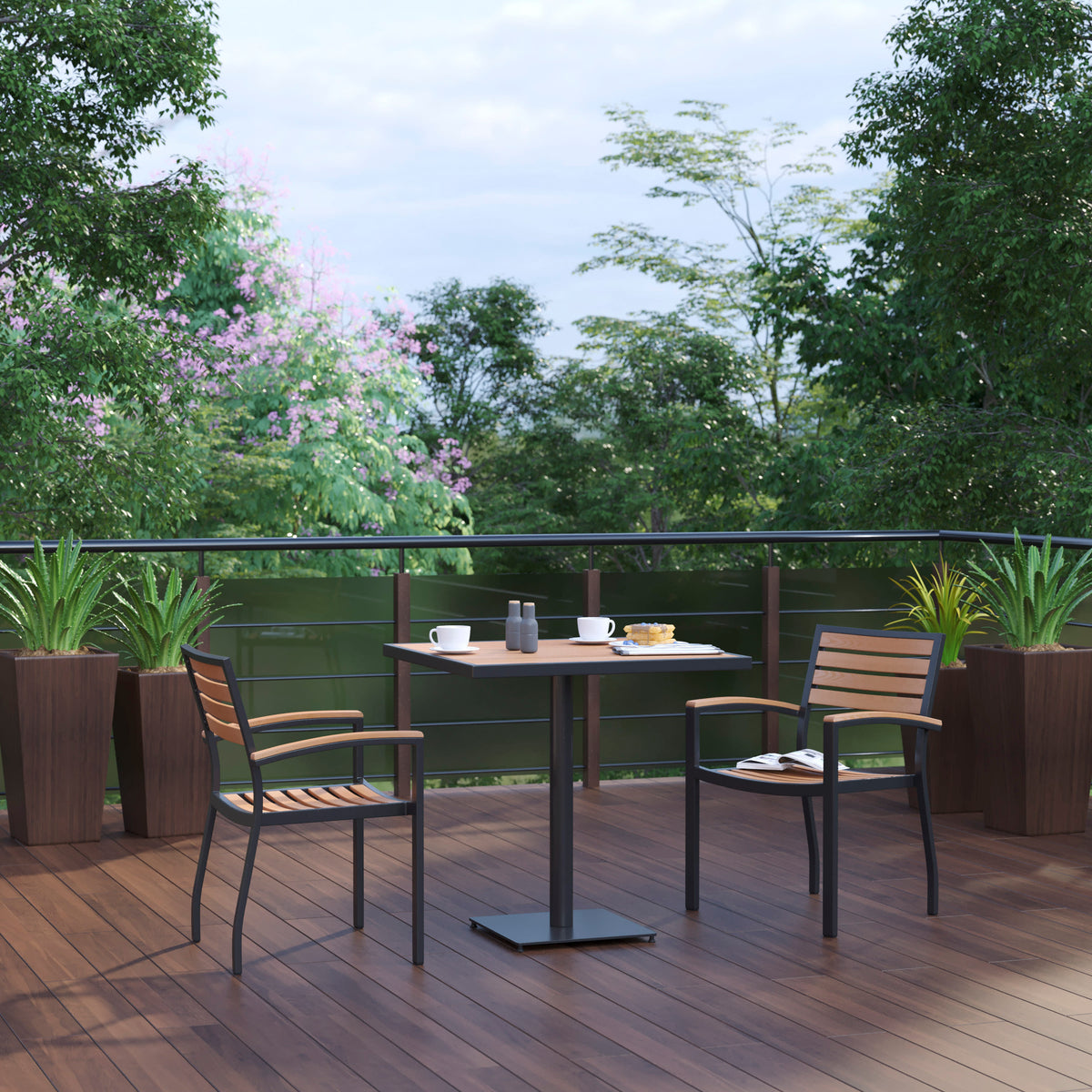 2 Faux Teak Accented Club Chairs and 30" Square Faux Teak Patio Table Set - Image 2