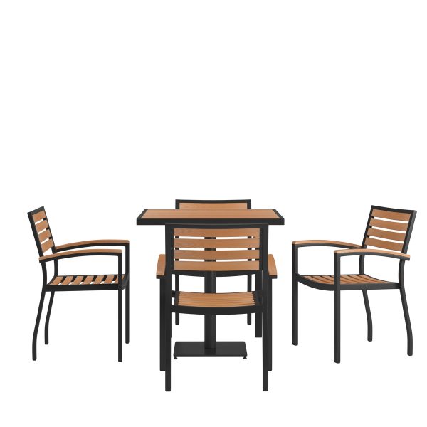 4 Faux Teak Accented Club Chairs and 30" Square Faux Teak Patio Table Set