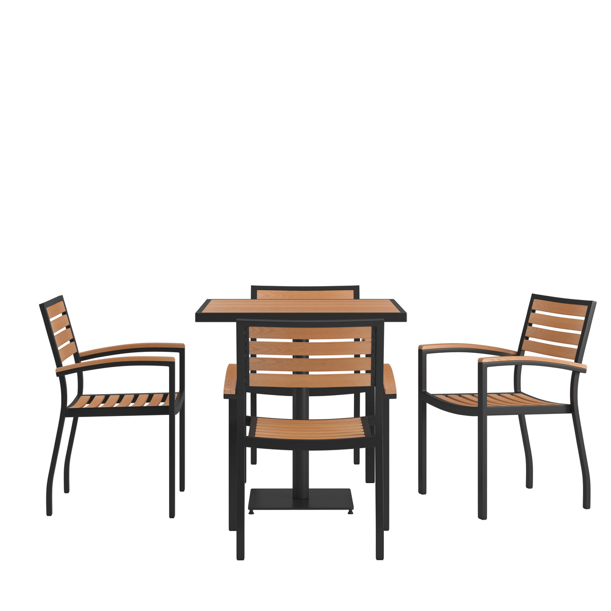 4 Faux Teak Accented Club Chairs and 30" Square Faux Teak Patio Table Set