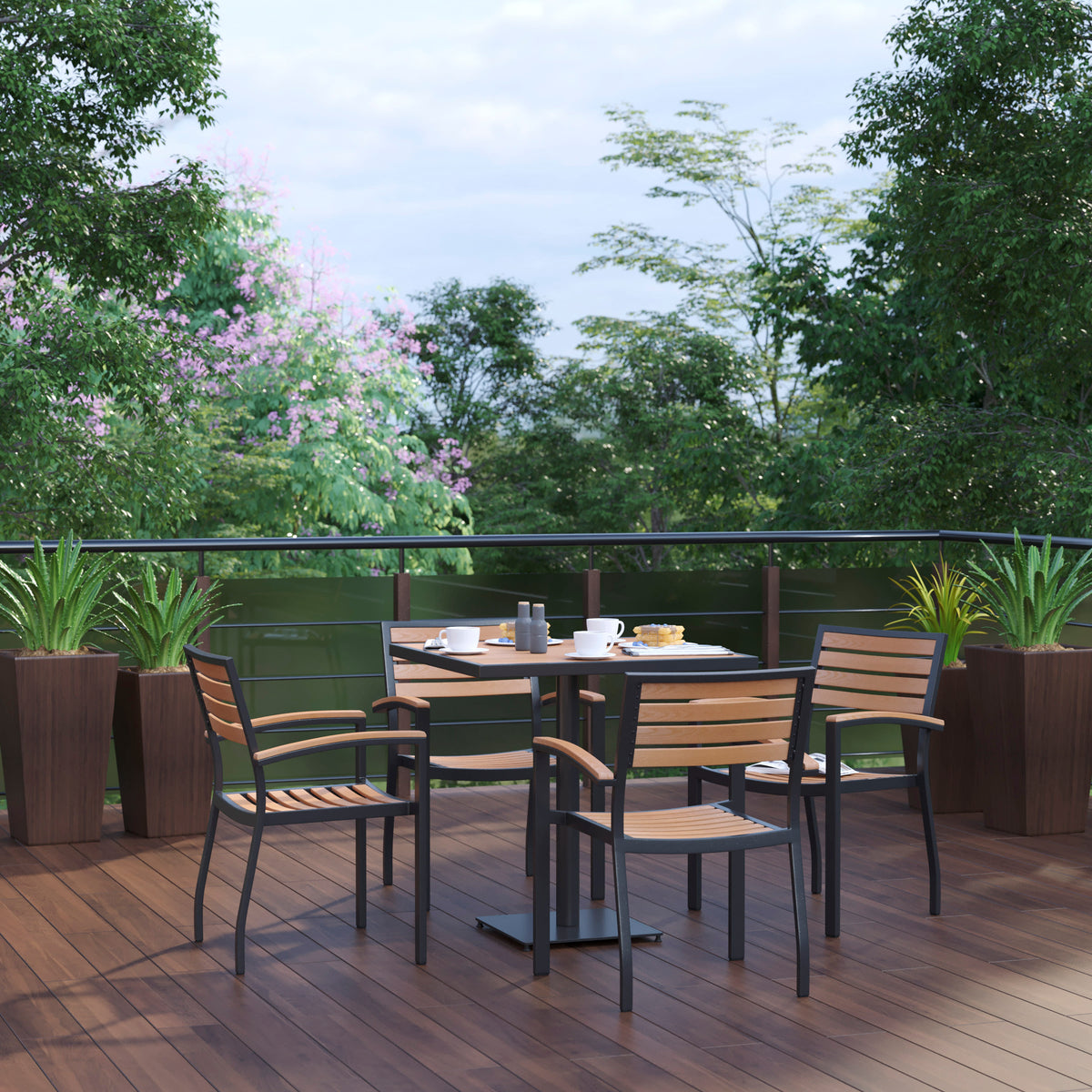 4 Faux Teak Accented Club Chairs and 30" Square Faux Teak Patio Table Set - Image 2