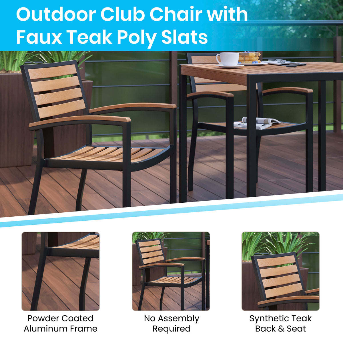 4 Faux Teak Accented Club Chairs and 30" Square Faux Teak Patio Table Set - Image 4