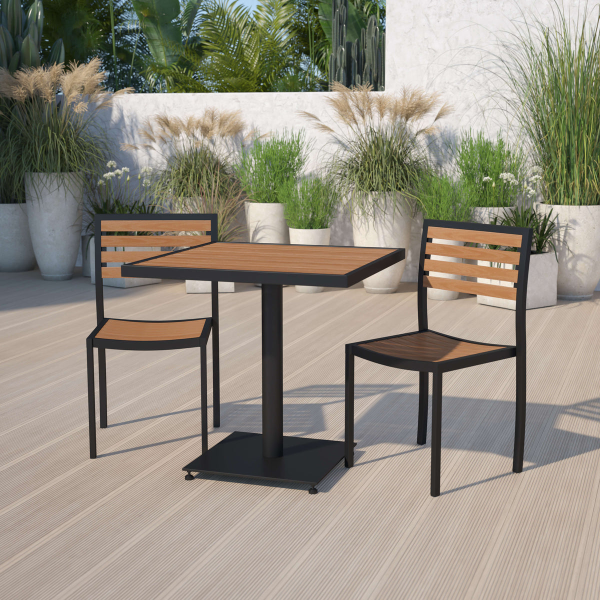 Outdoor Patio Bistro Dining Table Set with 2 Chairs and Faux Teak Poly Slats - Image 2