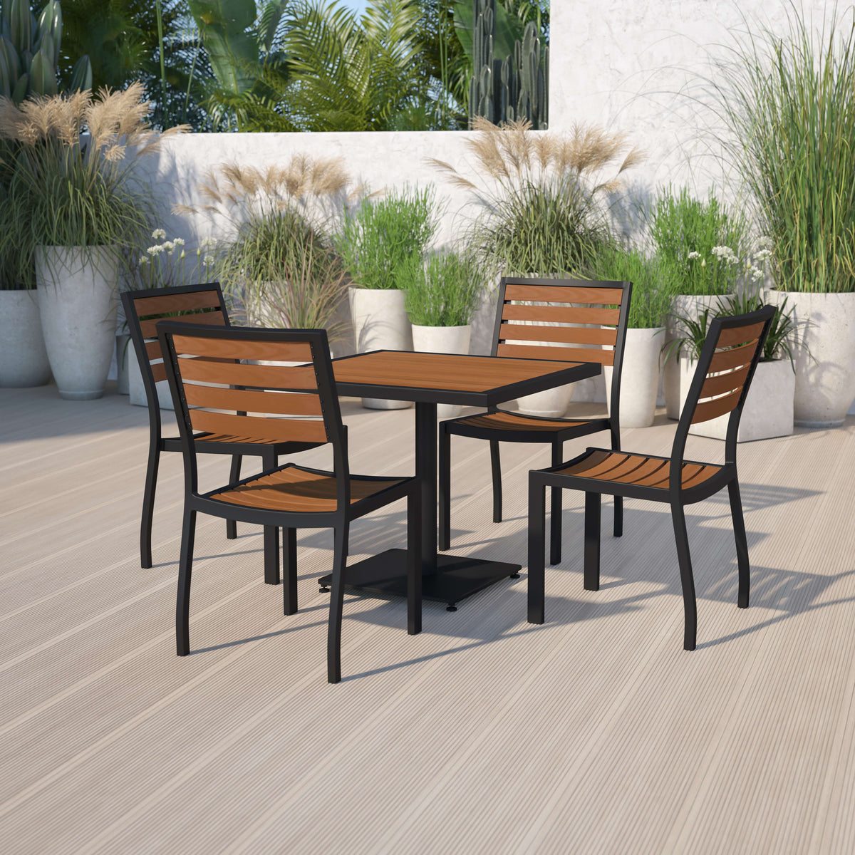 Outdoor Patio Bistro Dining Table Set with 4 Chairs and Faux Teak Poly Slats - Image 2