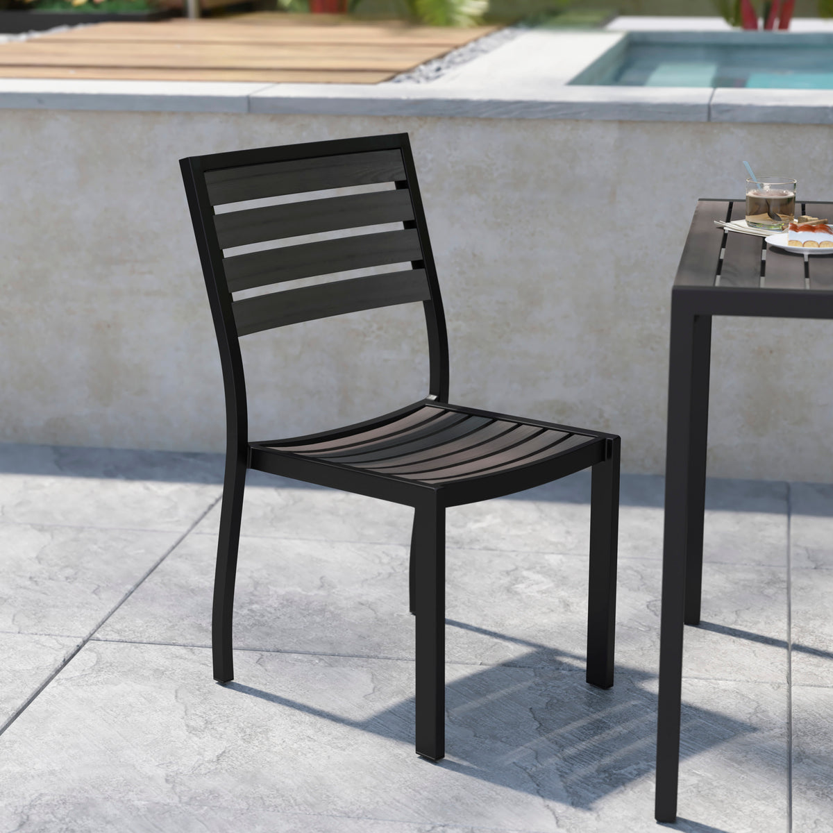 2 Pack Outdoor Faux Teak Side Chair with Poly Slats - Teak Patio Chair - Image 3