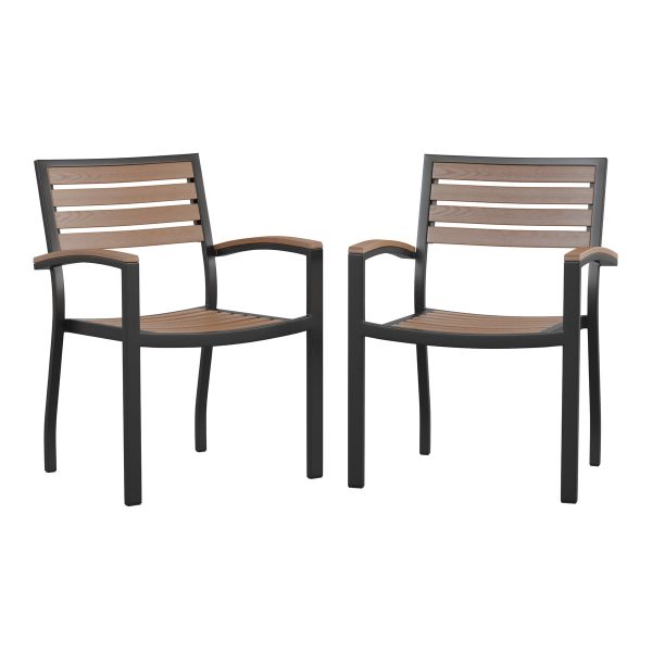Set of 2 Stackable All-Weather Aluminum Patio Chairs with Faux Teak Slats
