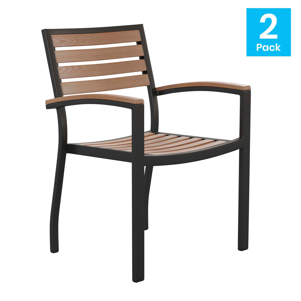 Set of 2 Stackable All-Weather Aluminum Patio Chairs with Faux Teak Slats - Image 2