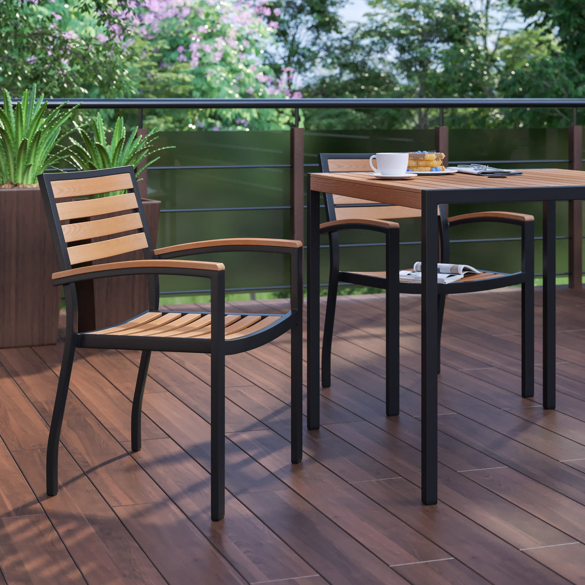 Set of 2 Stackable All-Weather Aluminum Patio Chairs with Faux Teak Slats - Image 3