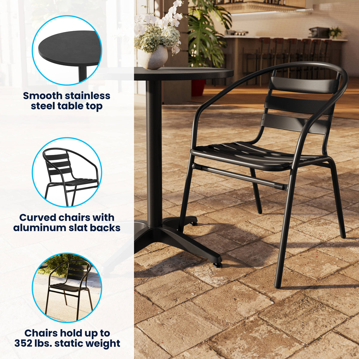 23.5" Round Aluminum Indoor-Outdoor Table Set with 2 Slat Back Chairs - Image 3