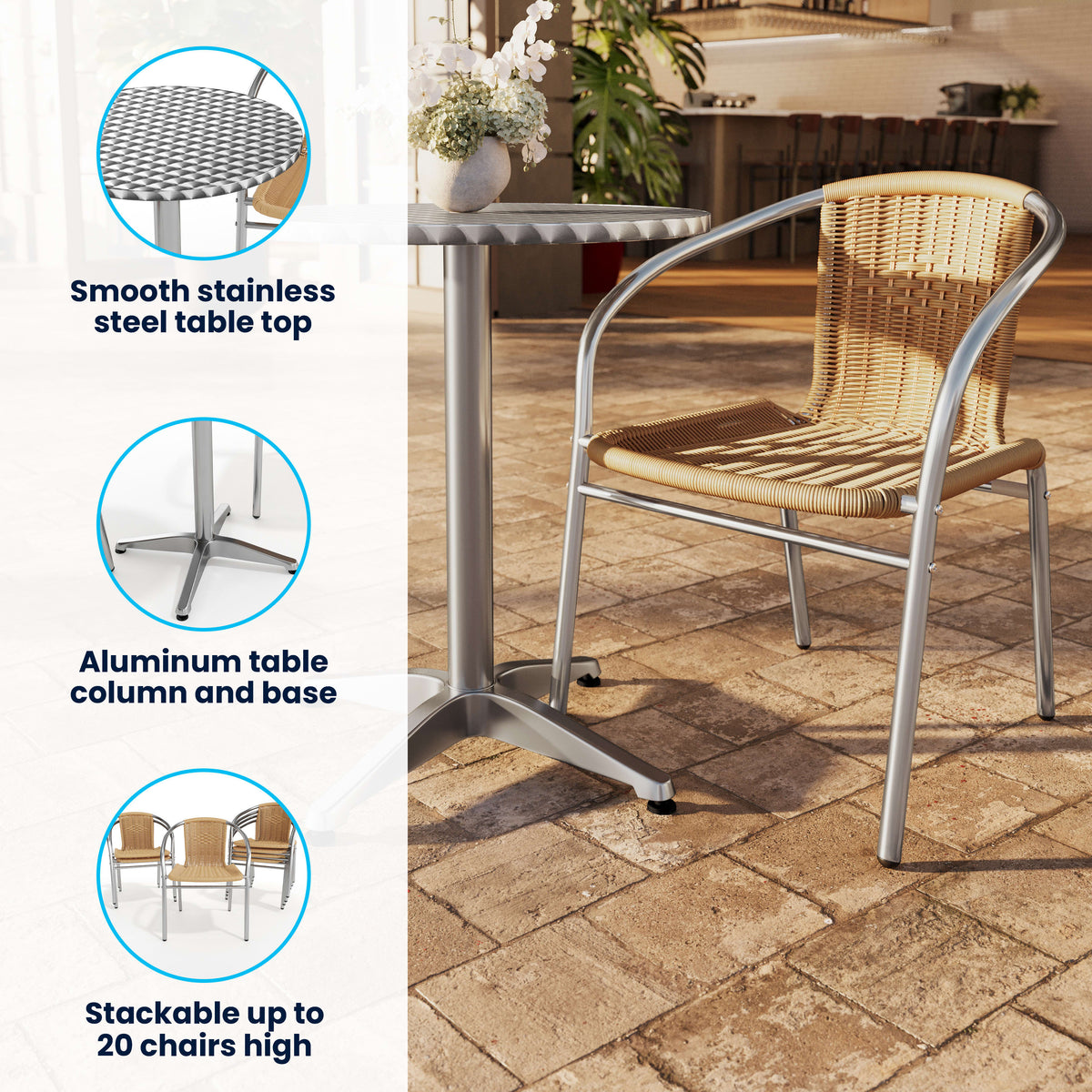 23.5'' Round Aluminum Indoor-Outdoor Table Set with 4 Rattan Chairs - Image 3