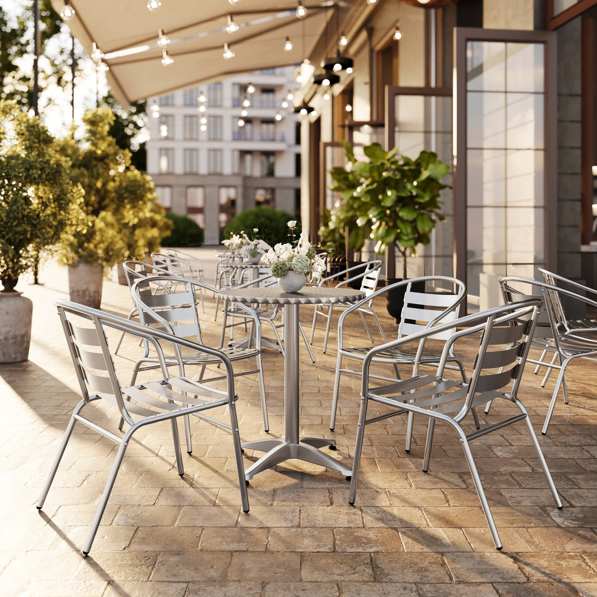 23.5" Round Aluminum Indoor-Outdoor Table Set with 4 Slat Back Chairs - Image 2