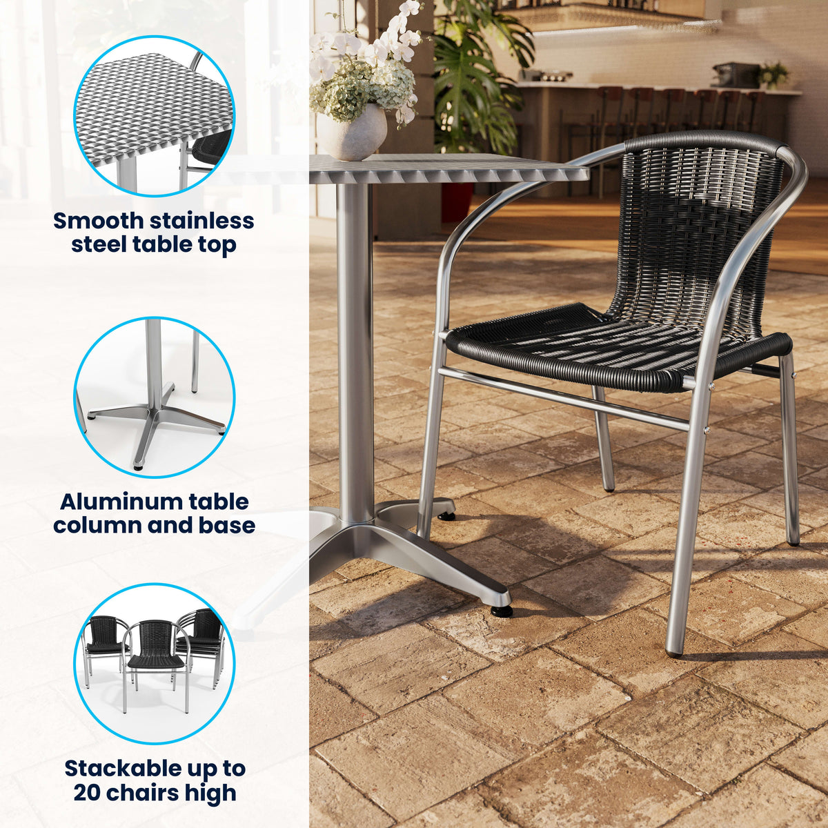 23.5'' Square Aluminum Indoor-Outdoor Table Set with 2 Rattan Chairs - Image 3