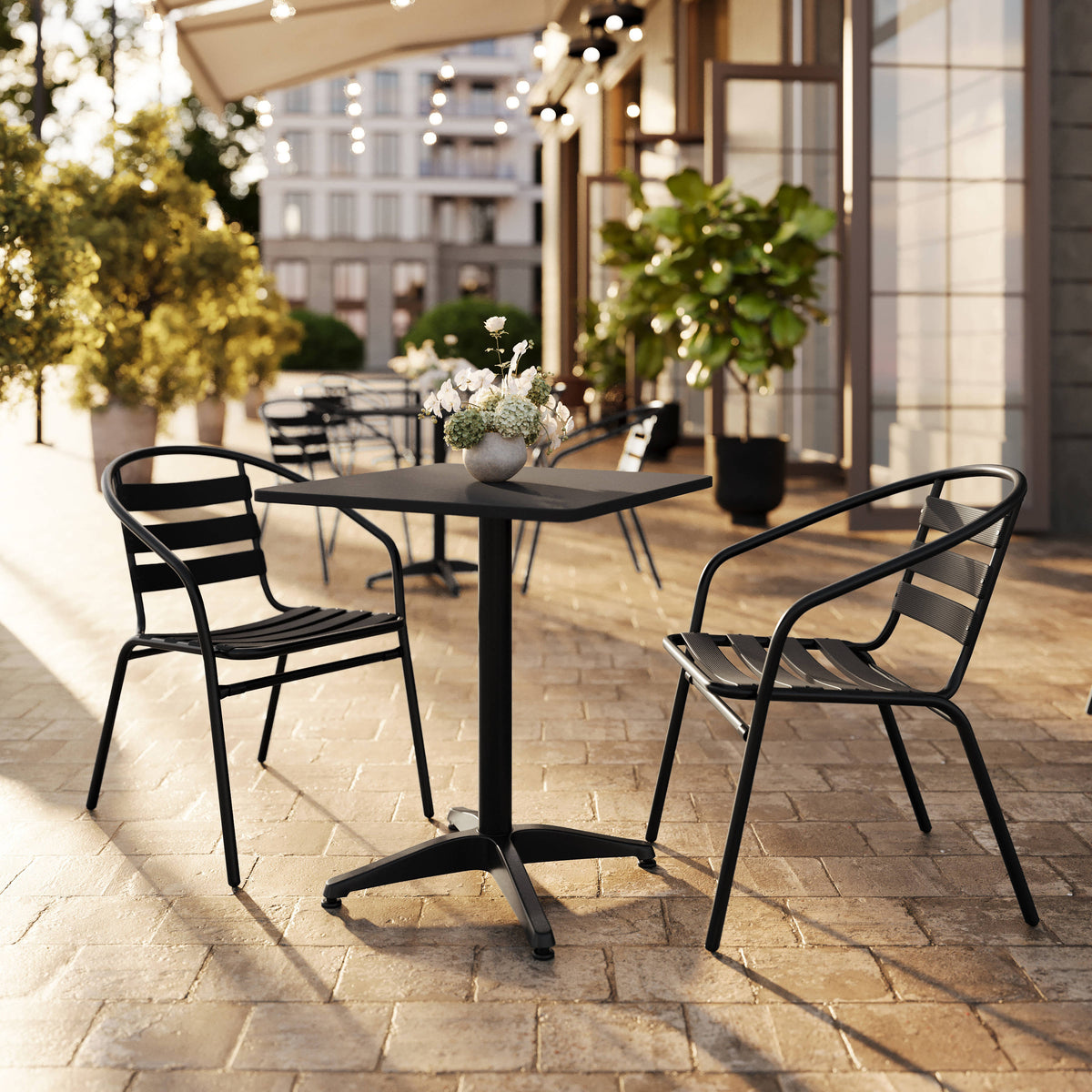 23.5" Square Aluminum Indoor-Outdoor Table Set with 2 Slat Back Chairs - Image 2