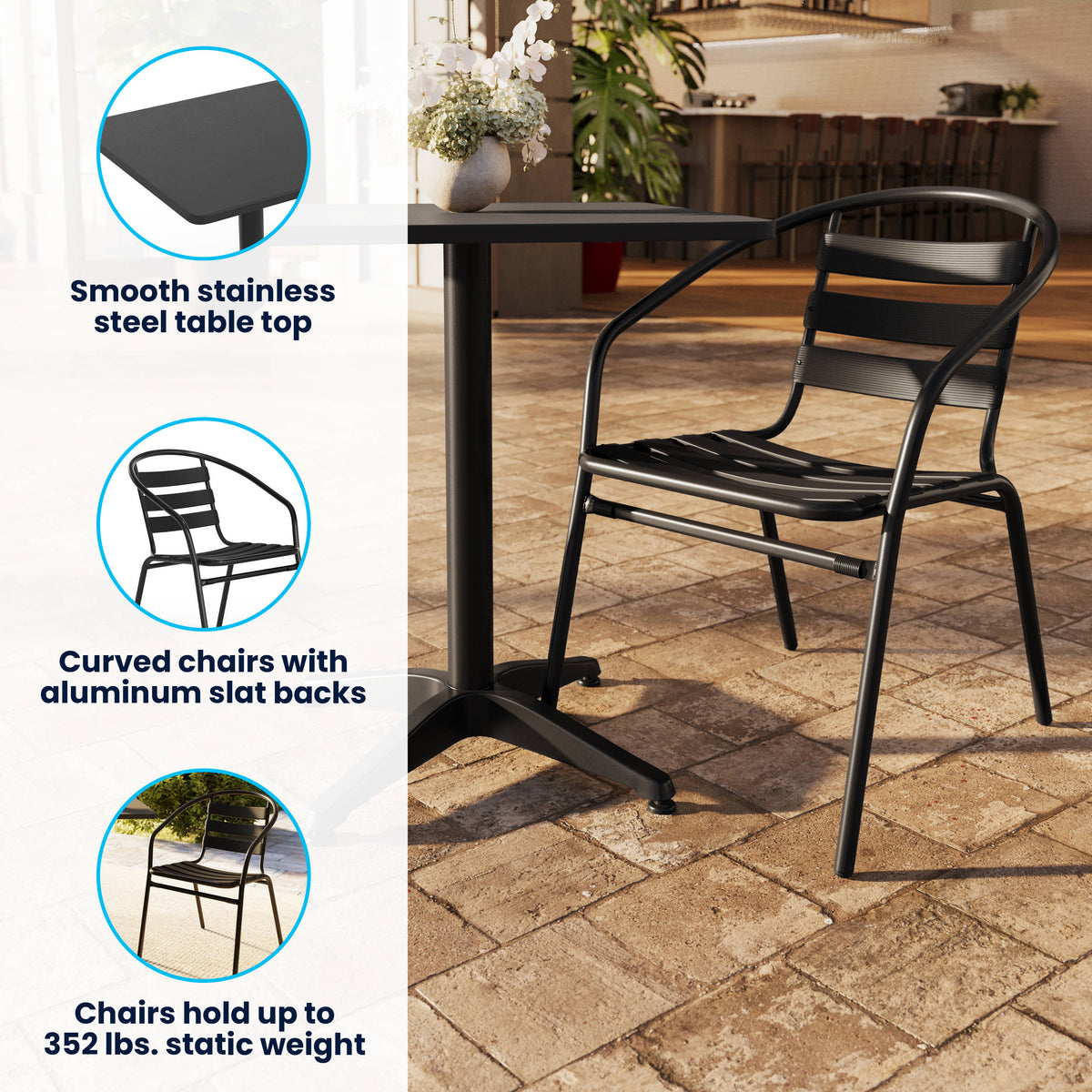 23.5" Square Aluminum Indoor-Outdoor Table Set with 2 Slat Back Chairs - Image 3