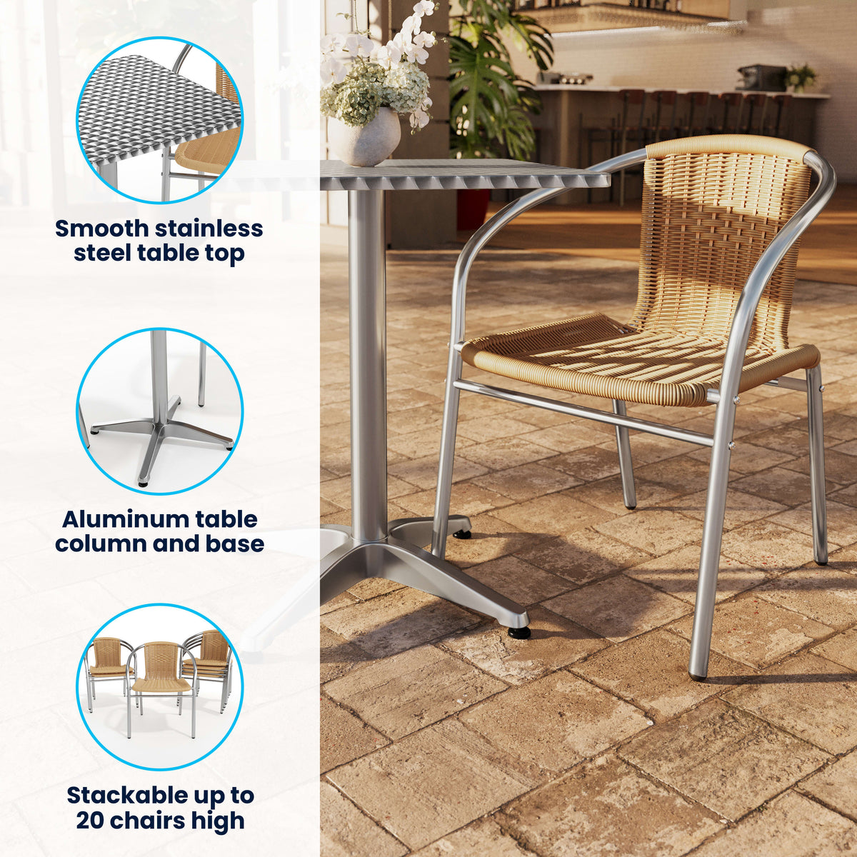 23.5'' Square Aluminum Indoor-Outdoor Table Set with 4 Rattan Chairs - Image 3
