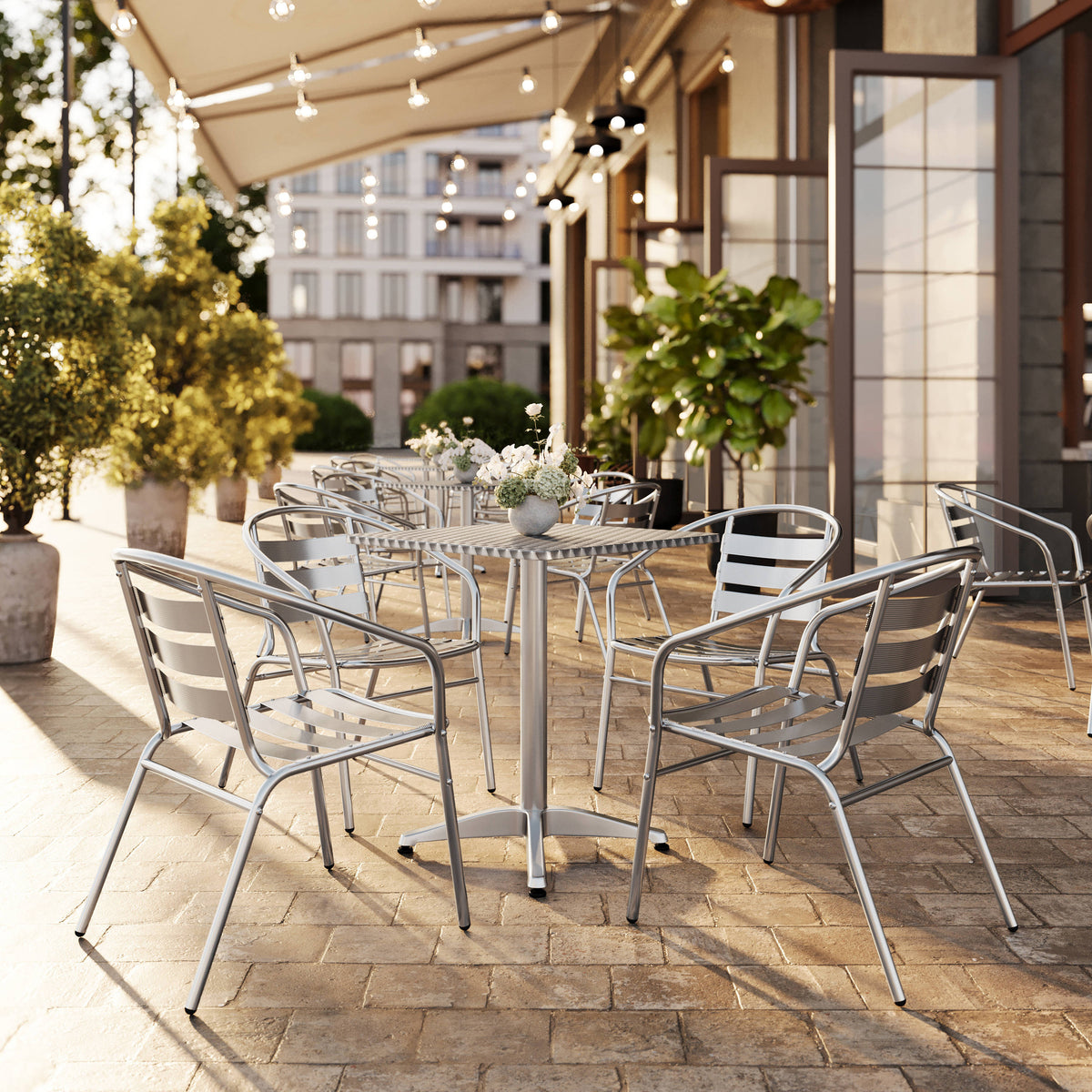 23.5" Square Aluminum Indoor-Outdoor Table Set with 4 Slat Back Chairs - Image 2