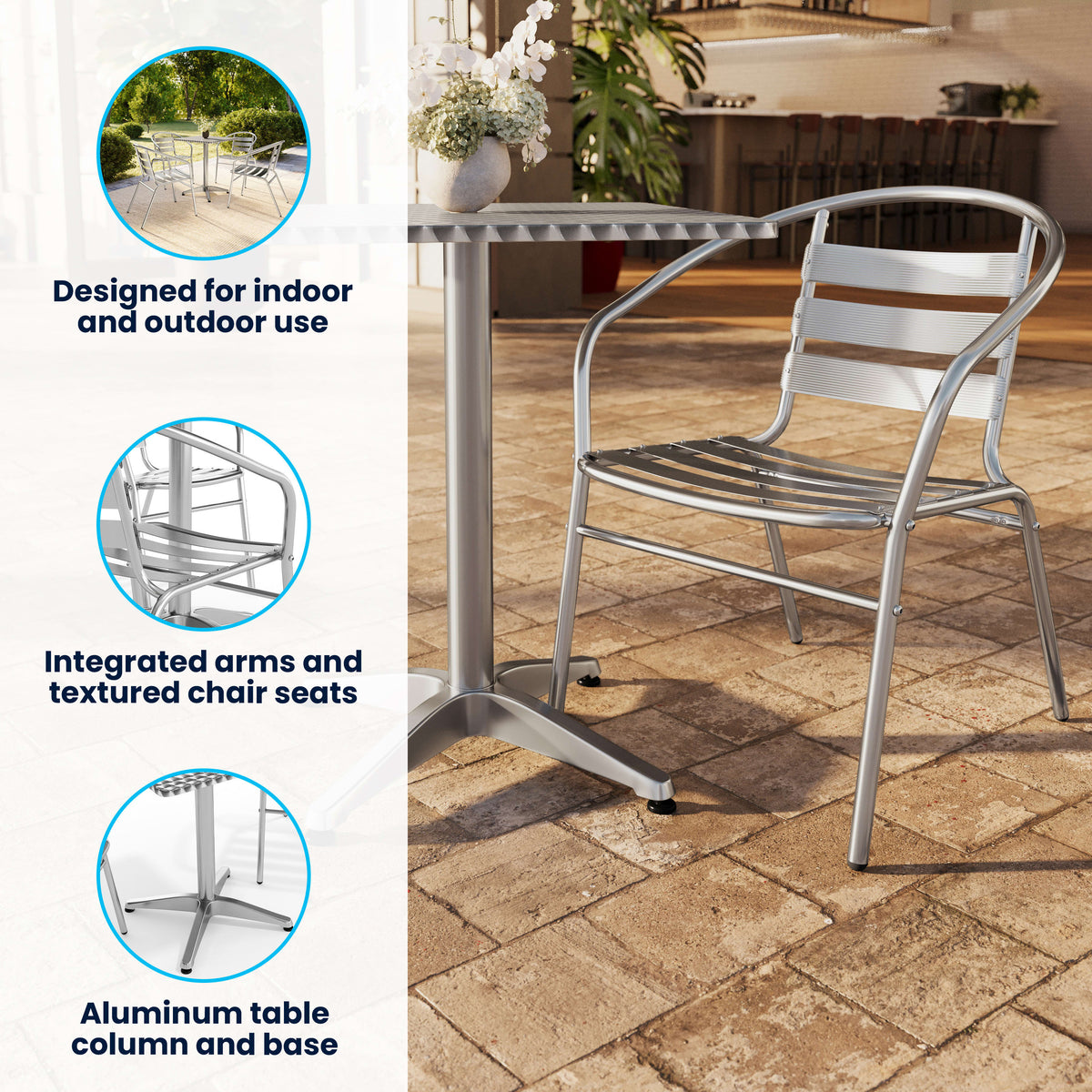 23.5" Square Aluminum Indoor-Outdoor Table Set with 4 Slat Back Chairs - Image 3