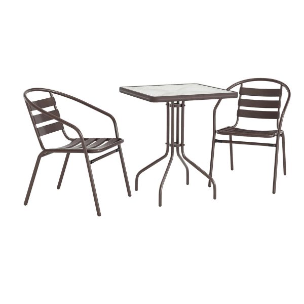 23.5" Square Glass Metal Table with 2 Metal Aluminum Slat Stack Chairs
